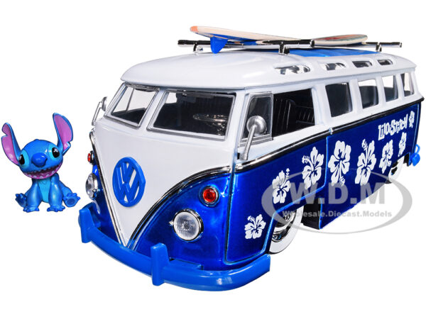 Volkswagen T1 Bus Candy Blue and White with Stitch Diecast Figurine and Surfboard "Lilo & Stitch" Disney "Hollywood Rides" Series 1/24 Diecast Mo