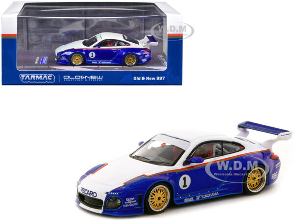 997 Old & New Body Kit 1 Blue Metallic and White with Stripes "Recaro" "Hobby64" Series 1/64 Diecast Model Car by Tarmac Works