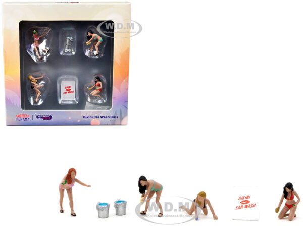 "Bikini Car Wash Girls" 6 Piece Diecast Figure Set (4 Figures and 2 Accessories) for 1/64 Scale Models by Tarmac Works & American Diorama