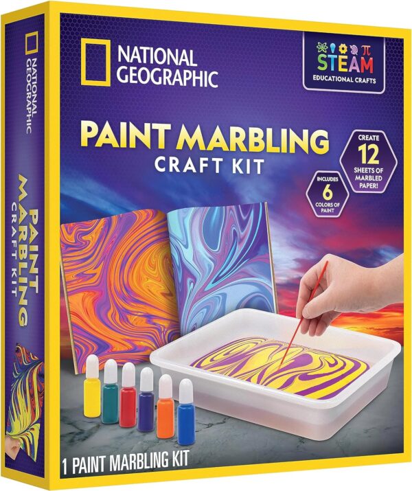 NATIONAL GEOGRAPHIC Paint Marbling Arts & Crafts Kit - Water Marbling Paint Art Kit for Kids, Create 12 Sheets of Marble Art with 6 Paints, Marbling Paint Kit, Kids Art Projects (Amazon Exclusive)