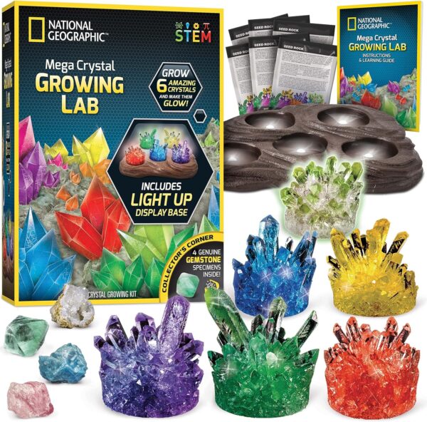 National Geographic Mega Crystal Growing Kit for Kids- Grow 6 Crystals with Light-Up Stand, Science Gifts for Kids 8-12, Crystal Making Experiment, Science Kit for Girls and Boys (Amazon Exclusive)