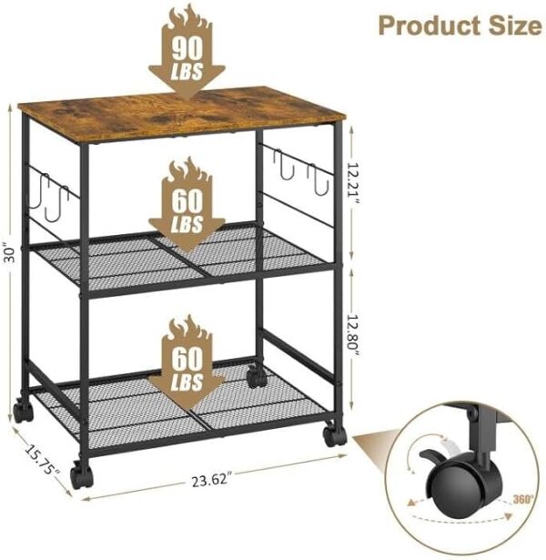 Rolling Kitchen Microwave Cart, 3 Tier Microwave Table Stand with Storage, Kitchen Utility Cart on Lockable Wheels, Small Coffee Cart Shelf Rack Organizer for Living Room Office, Balcony - Image 4