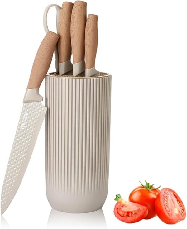 Knife Set, Wiztoynia 6-Piece Khaki Kitchen Knife Set for Home, Anti-Rust Non-stick Stainless Steel Sharp Chef Knife Set with Universal Knife Block for Kitchen, Ergonomical Design (Khaki) - Image 2