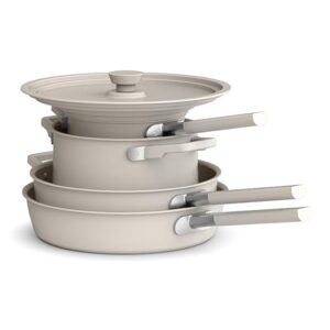 bella 9 Piece StoreMore Cookware Set, Fits-anywhereâ¢ Kitchenware w EverGoodâ¢ Ceramic Nonstick Coating, Dishwasher & Oven Safe, All Stovetops Compatible, Stackable Design, Cool Touch Handles, Oatmilk