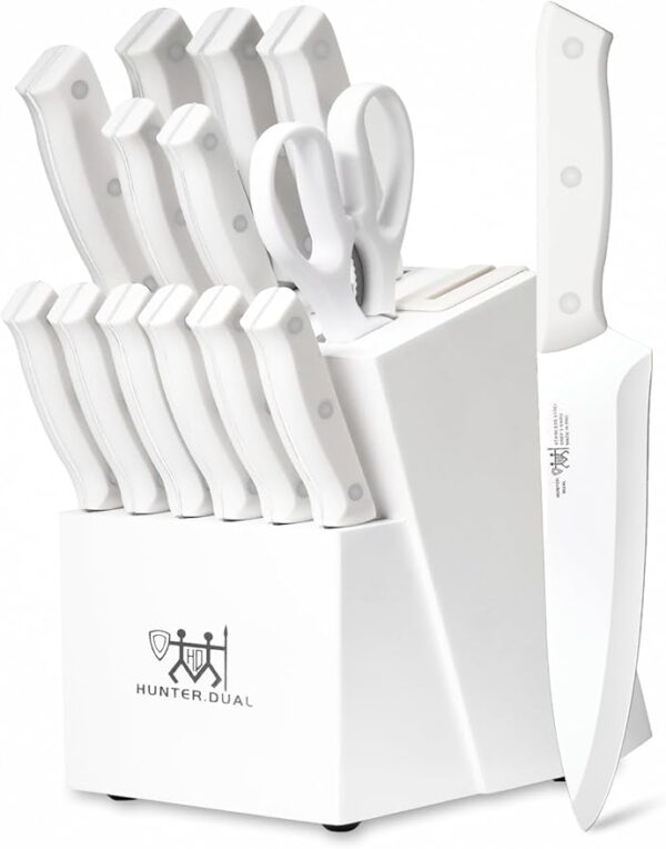 Knife Set, HUNTER.DUAL 15 Piece Kitchen Knife Set with Block and Built-in sharpener, Dishwasher Safe, Anti-slip Handle, White - Image 2