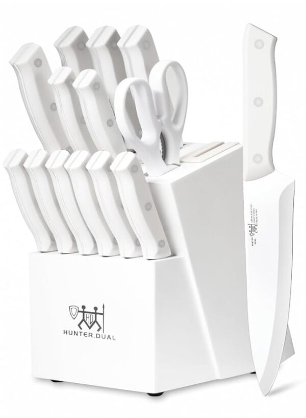 Knife Set, HUNTER.DUAL 15 Piece Kitchen Knife Set with Block and Built-in sharpener, Dishwasher Safe, Anti-slip Handle, White