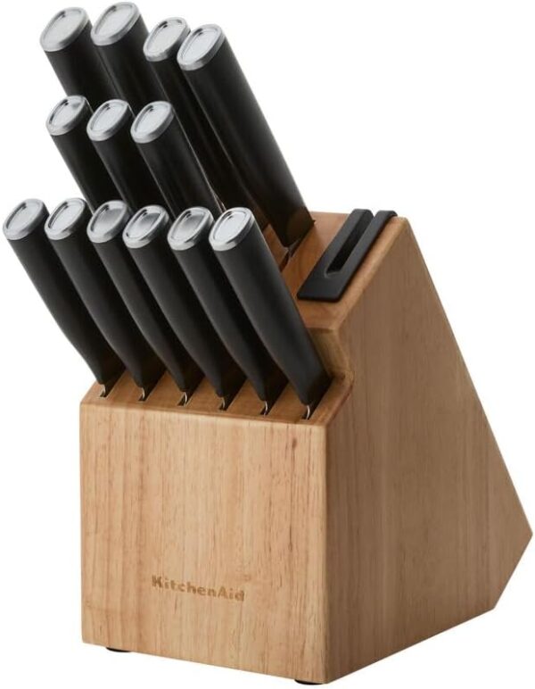 KitchenAid Classic Step Knife Block Set with Built-In Knife Sharpener, High Carbon Stainless Steel Kitchen Knives, Sharp Kitchen Knife Set with Block, 14-Piece, Natural - Image 2