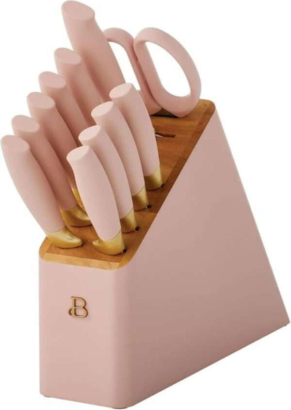 Beautiful 12pc Stainless Steel Knife Set with Soft-Grip Handles, Nonstick Resin Coated Blades, Steak Knives, Santoku, Chef Knife, Knife Block & More, Ergonomic Design, BPA-Free (Rose) - Image 2