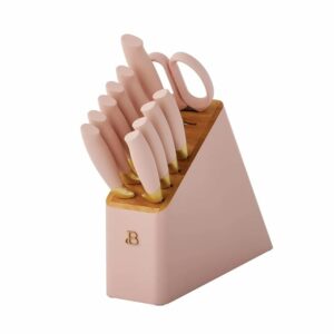 Beautiful 12pc Stainless Steel Knife Set with Soft-Grip Handles, Nonstick Resin Coated Blades, Steak Knives, Santoku, Chef Knife, Knife Block & More, Ergonomic Design, BPA-Free (Rose)