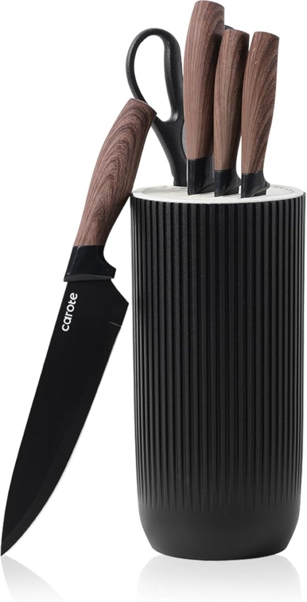 CAROTE 6Pcs Knife Set with Block, High Carbon Stainless Steel Sharp Blade Block Knife Set, Cutlery with Ceramic Surface, Black - Image 2