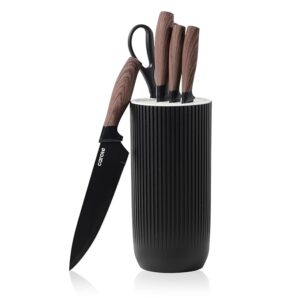 CAROTE 6Pcs Knife Set with Block, High Carbon Stainless Steel Sharp Blade Block Knife Set, Cutlery with Ceramic Surface, Black