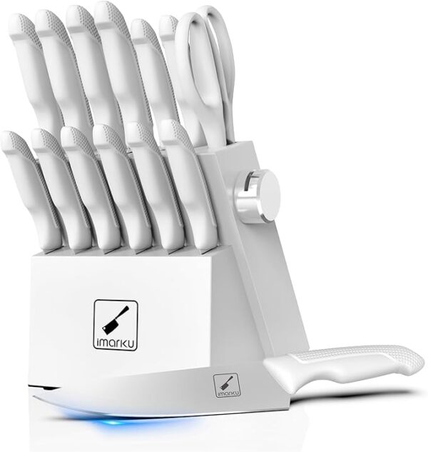 imarku Knife Set With Block, White Knife Set, Knife Block Set, 14pcs Stainless Steel Kitchen Knife Set, Kitchen Essentials for New Home, Apartment Essentials, Built-in Sharpener, Dishwasher Safe - Image 2