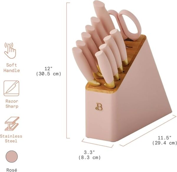 Beautiful 12pc Stainless Steel Knife Set with Soft-Grip Handles, Nonstick Resin Coated Blades, Steak Knives, Santoku, Chef Knife, Knife Block & More, Ergonomic Design, BPA-Free (Rose) - Image 4