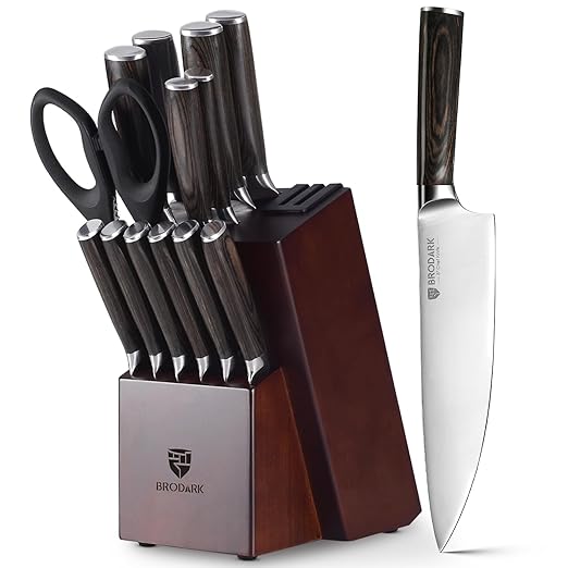 15 Piecs Knife Block Set: Ultra Sharp Kitchen Knife Set with Block and Sharpener, German Stainless Steel Professional Chef Knife Set with Ergonomic Handle, Full Tang Design
