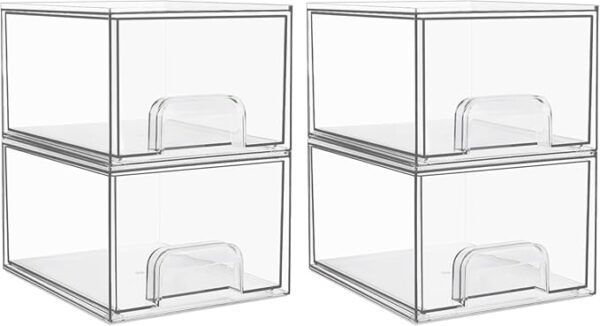 Vtopmart 4 Pack Clear Stackable Storage Drawers, 4.4'' Tall Acrylic Bathroom Makeup Organizer,Plastic Storage Bins For Vanity, Undersink, Kitchen Cabinets, Pantry, Home Organization - Image 2