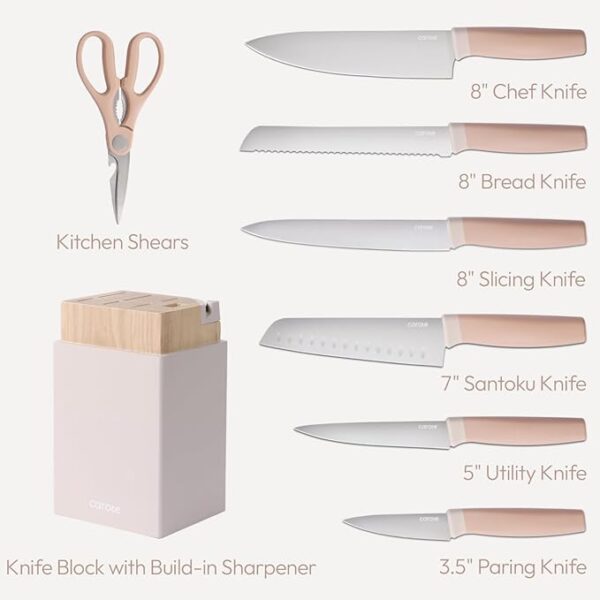 CAROTE Kitchen Knife Set with Block and Sharpener, Dishwasher Safe Knife Block Set 9Pcs, Forged Cutlery with Razor-Sharp Stainless Steel Blades, Pink - Image 3