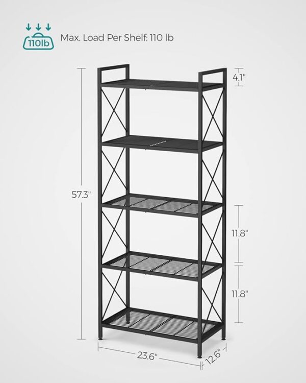 SONGMICS 5-Tier Metal Storage Rack, Shelving Unit with X Side Frames, Dense Mesh, 12.6 x 23.6 x 57.3 Inches, for Entryway, Kitchen, Living Room, Bathroom, Industrial Style, Ink Black UBSC165B01 - Image 7