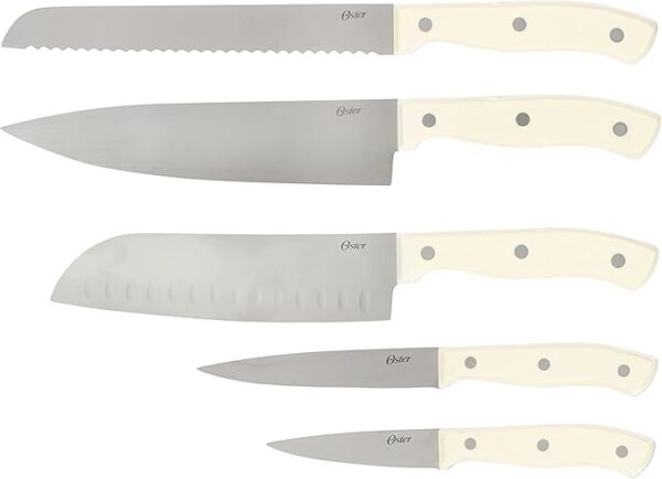 Oster Evansville 14 Piece Cutlery Kitchen Knife Block Set, Stainless Steel w/Linen White Handles - Cuchillos Para Cocina - Image 3