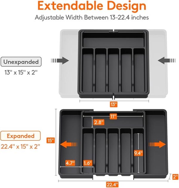 Lifewit Large Silverware Drawer Organizer, Expandable Utensil Tray for Kitchen, BPA Free Flatware and Cutlery Holder, Adjustable Plastic Storage for Spoons Forks Knives, Large, Black - Image 4