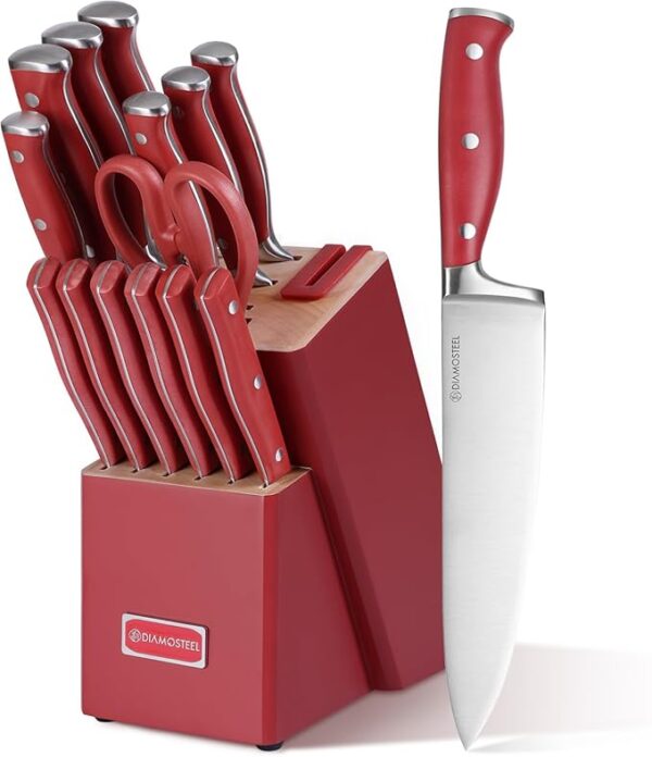 Red Knife Set, 15-Piece Knife Block Set with Built-in Sharpener Scissors for Kitchen, Dishwasher Safe Knives set Ideal Present for Family & Restaurant - Image 2