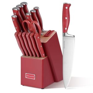 Red Knife Set, 15-Piece Knife Block Set with Built-in Sharpener Scissors for Kitchen, Dishwasher Safe Knives set Ideal Present for Family & Restaurant