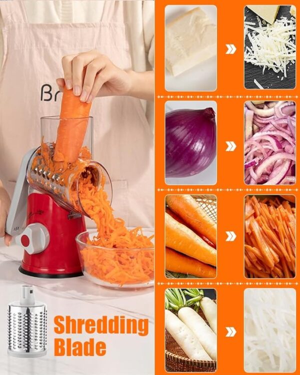 Brigii Rotary Cheese Grater Hand Crank, Cheese Shredder with 3 Drum Blades, Mandoline Slicer, Food Chopper for Hard Cheese, Vegetable, Nuts, Potato - Image 4