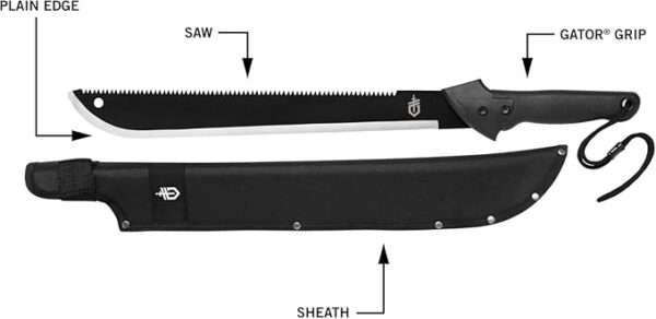 Gerber Gear Gator Machete 25" with Plain Edge Blade and Saw, Gator Grip and Protective Sheath for Gardening, Survival, Hunting, Camping and Bushcraft, Black - Image 3