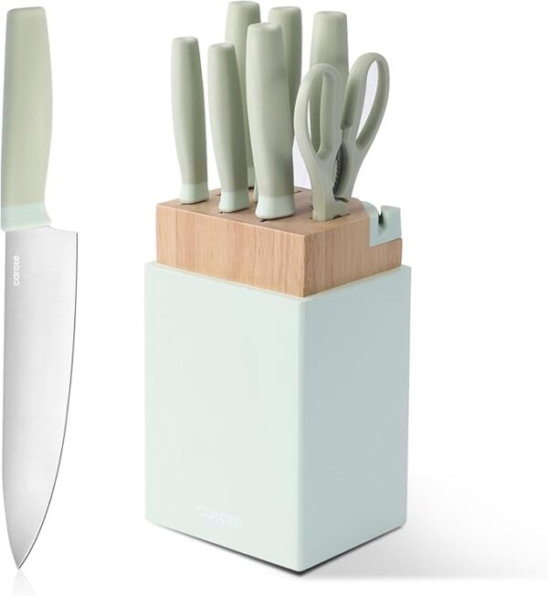 CAROTE Kitchen Knife Set with Block and Sharpener, Dishwasher Safe Knife Block Set 9Pcs, Forged Cutlery with Razor-Sharp Stainless Steel Blades, Green - Image 2