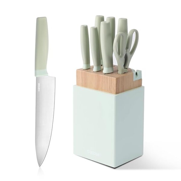 CAROTE Kitchen Knife Set with Block and Sharpener, Dishwasher Safe Knife Block Set 9Pcs, Forged Cutlery with Razor-Sharp Stainless Steel Blades, Green