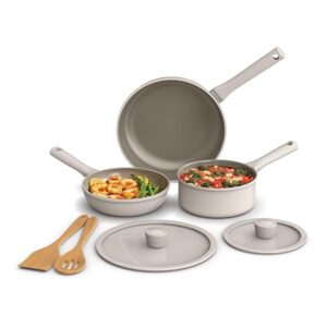 bella 7 Piece Cookware Set with EverGoodâ¢ Ceramic Nonstick Coating, Dishwasher Safe Oven Safe, All Stovetops Compatible, Glass Lids with Silicone Rims, Cool Touch Handles, Oatmilk