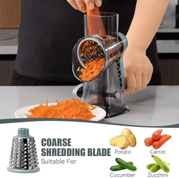 KEOUKE Rotary Cheese Grater Hand Crank Cheese Shredder Vegetable Mandoline Slicer for Kitchen 3 Changeable Blades for Cheese Potato Zucchini Nuts Chocolate - GreyBlue - Image 4