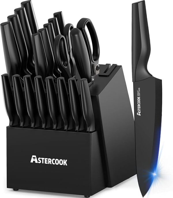 Knife Set, Astercook 21 Pieces Knife Sets for Kitchen with Block, Dishwasher Safe Kitchen Knife Set with Built-in Sharpener, German Stainless Steel Black Knife Block Set - Image 2