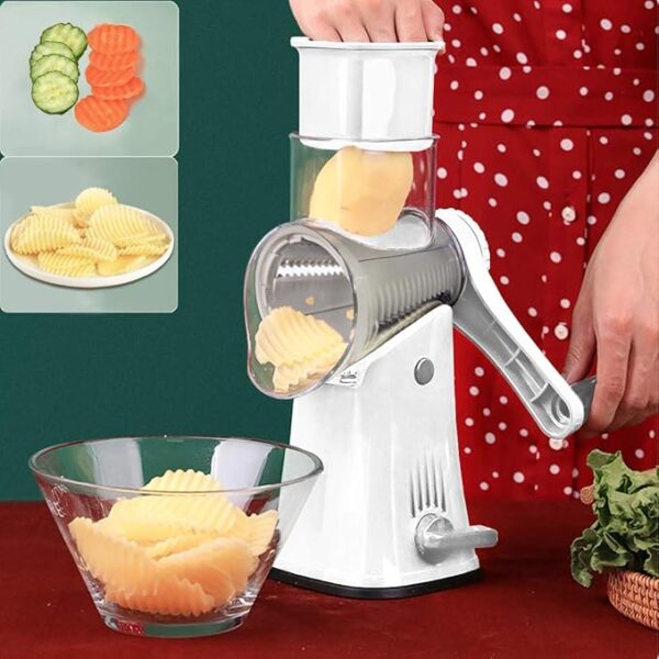 Rotary Cheese Grater Shredder 5-in-1 Tumbling Box Mandoline Vegetable Julienne Slicer Waffle Cutter Nut Chopper with Handle and Strong Suction Base - Image 4