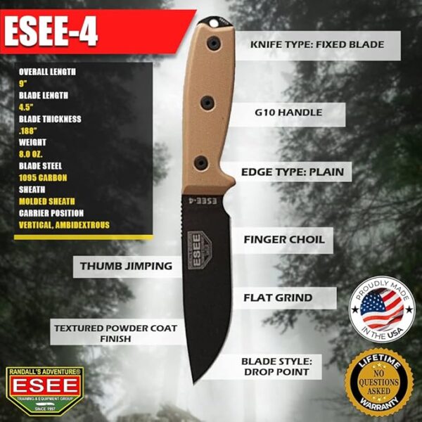 ESEE 4P Survival Knife - Field Tested Fixed Blade Knife with Molded Polymer Sheath & Clip Plate, Full Tang, Plain Edge - Durable Outdoor Camping Blade with Sheath for Survival - Image 3