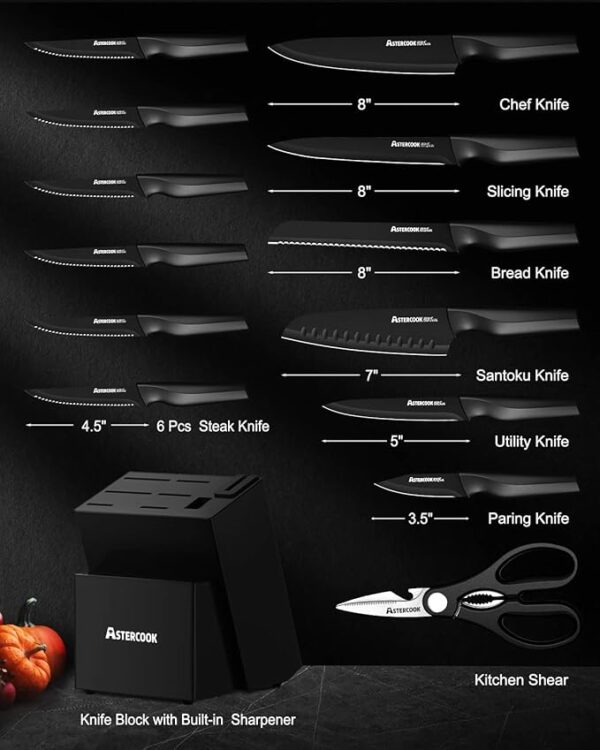 Astercook Knife Set, Kitchen Knife Set with Built-in Sharpener Block, Dishwasher Safe, 15 Pieces German Stainless Steel Knife Block Set, Black - Image 3