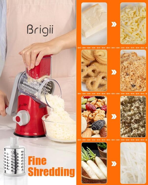 Brigii Rotary Cheese Grater Hand Crank, Cheese Shredder with 3 Drum Blades, Mandoline Slicer, Food Chopper for Hard Cheese, Vegetable, Nuts, Potato - Image 3