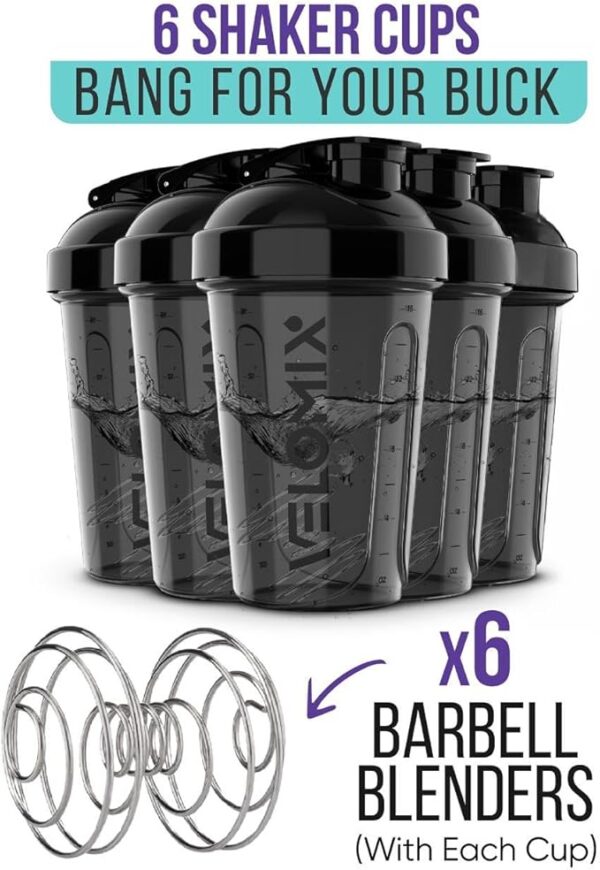 -6 PACK- Shaker Cups for Protein Shakes 20 oz - 6x Wire Whisk | Leak Proof Protein Shaker Bottle for Protein Shakes, Shaker Bottle Pack for Pre & Post Workout, Shaker Cup - Image 4