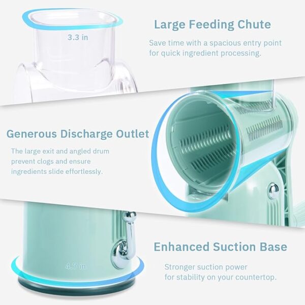 Manual Rotary Cheese Grater with Handle, 5 in 1 Replaceable Stainless Blades Cheese Shredder,Strong Suction Base Vegetable Slicer with Cleaning Brush & Bonus Storage Box for Blades (green) - Image 4