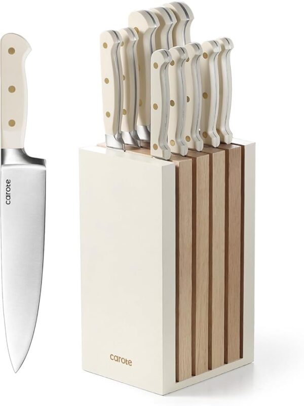 CAROTE 11 Pieces Knife Set with Block for kitchen, Stainless Steel Razor-Sharp Blade, Triple Riveted Ergonomic Handle, Wooden Magnetic Block, Essential Knife Block Set, Beige - Image 2