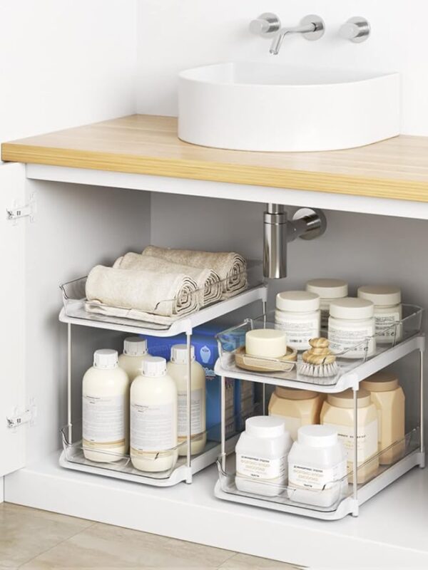 Delamu 2 Sets of 2-Tier Multi-Purpose Bathroom Under Sink Organizers and Storage, Stackable Kitchen Pantry Organization, Pull Out Medicine Cabinet Organizer with 8 Movable Dividers - Image 4