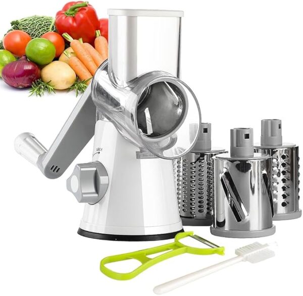 Ourokhome Rotary Cheese Grater Hand Crank, Kitchen Shredder Speed Mandolin Slicer Nuts Grinder with Handle and Drum Blades for Cheese, Vegetable, Walnuts, Chocolate, Potato, Carrot, 3 Blades, White - Image 2