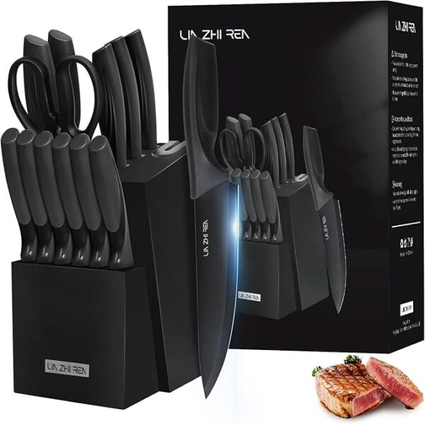 Knife Set, Kitchen Knife Sets with Block, Built-in Sharpener, Anti-slip Ergonomic Handle, 15PCS Knife Block Set for Chopping, Slicing, Dicing & Cutting,Dishwasher Safe, - Image 2