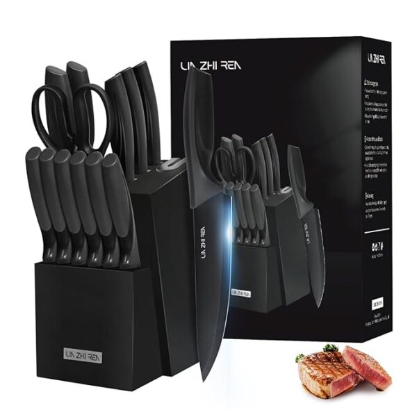 Knife Set, Kitchen Knife Sets with Block, Built-in Sharpener, Anti-slip Ergonomic Handle, 15PCS Knife Block Set for Chopping, Slicing, Dicing & Cutting,Dishwasher Safe,
