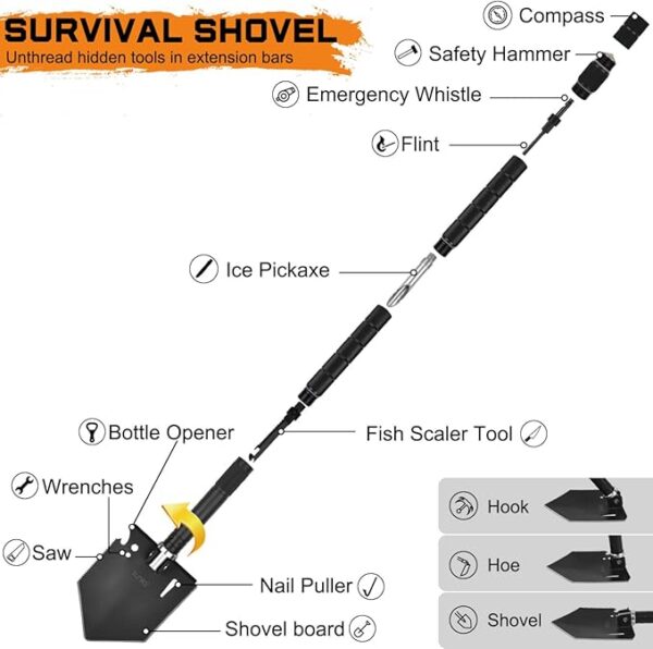 IUNIO Survival Off-Roading Tool Kit, 19 in 1 Folding Shovel, Camping Axe, Multitool, Pickaxe, with Carrying Bag, for Outdoor, Car Emergency (Upgrade Black) - Image 4