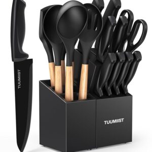 18-Piece Knife Sets for Kitchen with Block and Sharpener & Kitchen Utensils Set & Removable Utensil Holder (Black)-Precision Cutting, Effortless Sharpening, Convenient Organization