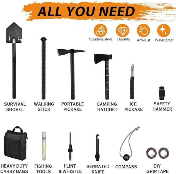 IUNIO Survival Off-Roading Tool Kit, 19 in 1 Folding Shovel, Camping Axe, Multitool, Pickaxe, with Carrying Bag, for Outdoor, Car Emergency (Upgrade Black) - Image 3