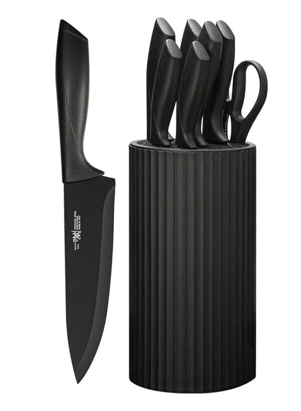 Knife Set, 8-Piece Kitchen Knife Set for Chef, Sharp Knife Set with Universal Knife Block, Anti-Rust Kitchen Knife Block Set, Ergonomical Design (Black)