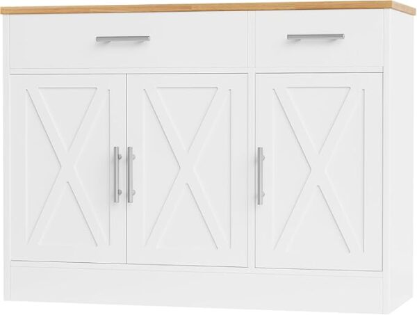 Shintenchi Modern Farmhouse Sideboard Buffet Cabinet with Storage with 3 Doors,42" Barn Doors Buffet Cabinet with Storage, Wood Coffee Bar Cabinet with Adjustable Shelf for Kitchen Living Room,White - Image 2