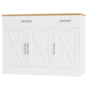 Shintenchi Modern Farmhouse Sideboard Buffet Cabinet with Storage with 3 Doors,42" Barn Doors Buffet Cabinet with Storage, Wood Coffee Bar Cabinet with Adjustable Shelf for Kitchen Living Room,White