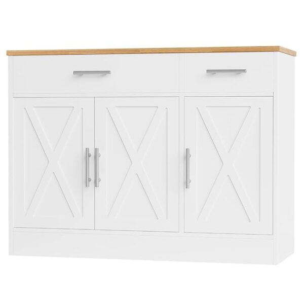 Shintenchi Modern Farmhouse Sideboard Buffet Cabinet with Storage with 3 Doors,42" Barn Doors Buffet Cabinet with Storage, Wood Coffee Bar Cabinet with Adjustable Shelf for Kitchen Living Room,White